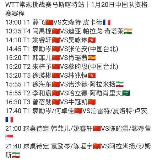 WTT常规赛：国乒4人输球，1人提前出局！薛飞徐瑛彬晋级 1月20日赛程出炉
